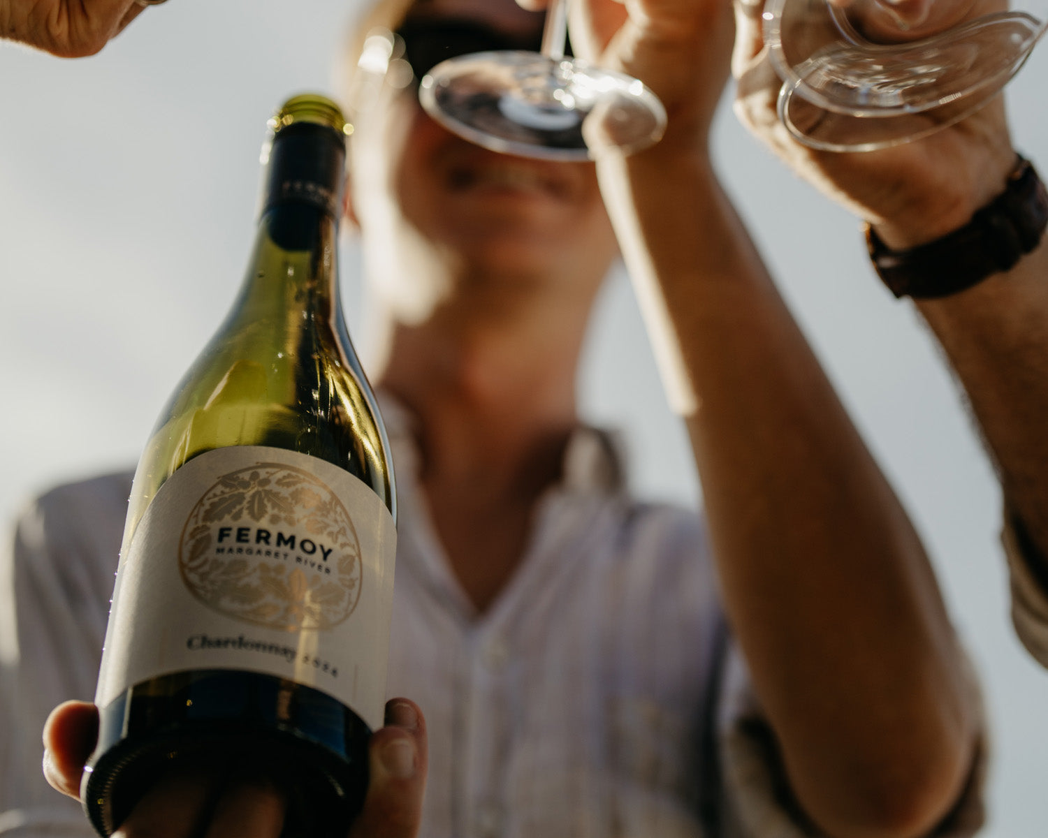 Glasses of Fermoy 2024 Chardonnay clinking in a celebratory cheers, with golden wine catching the light – celebrating the release of the new Margaret River vintage.