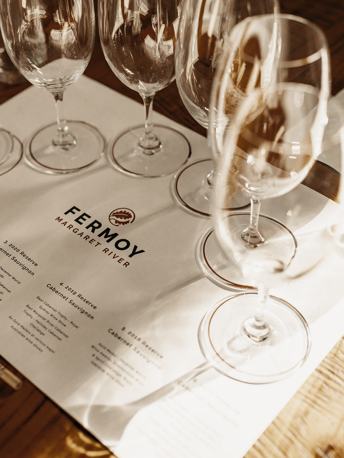 Fermoy Estate Cellar Door  wine tasting experience with glassware on the tasting mat